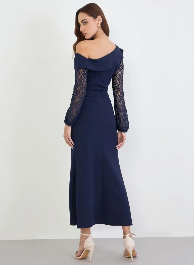 Styli Lace Insert One Shoulder Sheath Maxi Dress